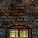 Red brick with lit basement window